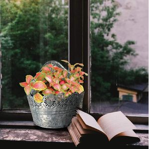 Galvanized Metal Wall Hanging Planter with Decorative Floral Cutout Rustic Indoor Outdoor Flower Pot - Product Image 3
