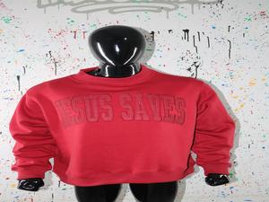 Jesus saves เสื้อสเวตเชิ้ตคอเสื้อแดงแบบ100% ปักลายแถบกว้างสีแดง - Product Image 3