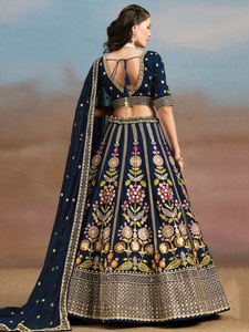 Blue Georgette <b>Lehenga</b> Choli Floral Zari Embroidered V-neck A-Line Floor-Length Quick Dry Bridesmaid Dress Traditional Wedding - Product Image 3