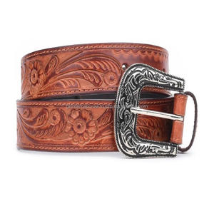Best Quality Premium Brown Western <b>Leather</b> Hand <b>Tooling</b> <b>Belt</b> for Unisex with Floral Engraved brass buckle set - Product Image 4