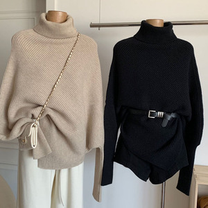 Pull poncho à col roulé pour femme, manches chauve-souris, couleur unie, tricoté, style minimaliste, vêtement d'automne, 100% acrylique, manches longues - Product Image 2