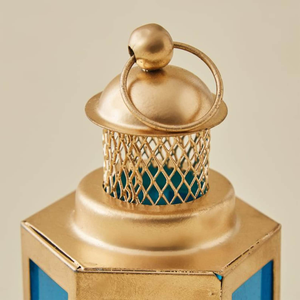 Vintage Gold Metal Glass Lantern Decorative <b>Candle</b> Holder with <b>Blue</b> Glass Panels and Geometric Design Hanging Handle Tabletop - Product Image 5