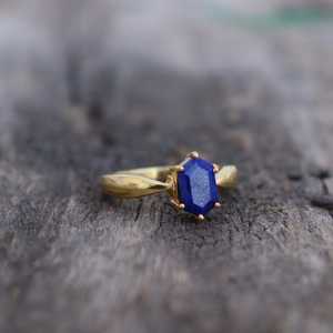 Natural Lapis Lazuli Signet <b>Ring</b> Hexagon Cut 925 Sterling Silver 14K Gold Plated Engagement <b>Statement</b> <b>Ring</b> - Product Image 3
