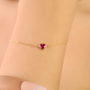 14K Solid Gold Heart <b>Ruby</b> Chain <b>Bracelet</b>-Rose Gold Plated 18cm - Product Image 1