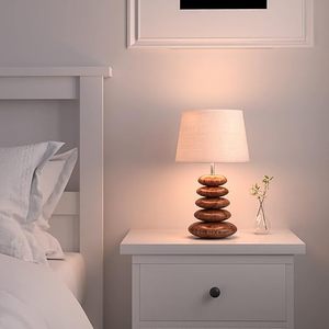 Wood Pebble <b>Table</b> Lamp with Fabric Shade Modern Wooden <b>Bedside</b> Living Room Lamp - Product Image 4