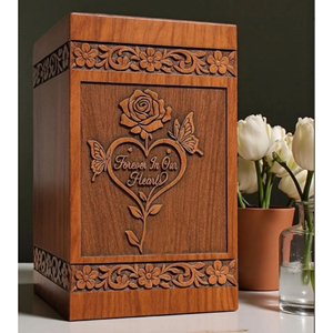 Urna Funeraria de Madera Grabada • Urna Conmemorativa con Rosas y Mariposas, Recuerdo Conmemorativo Funerario de AYAANS - Product Image 1