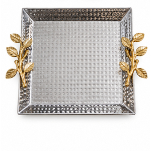 Plateau de service ovale décoratif en acier inoxydable de luxe, bicolore, poli miroir, avec poignée en forme de branche dorée, pour la vente en gros - Product Image 6