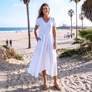 Vestido de Lino de Manga Corta con Cuello en V, Vestido con Paneles Asimétricos, Costura Diagonal, Vestido Casual de Verano para Mujer a Precio de Mayoreo - Product Image 2
