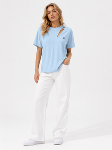 Camiseta de punto azul claro para mujer con aberturas, manga corta, corte holgado minimalista, top de algodón transpirable para primavera/verano - Product Image 4