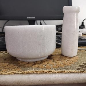 Ensemble mortier et pilon en marbre blanc de qualité supérieure, moulin à épices en pierre naturelle, outil de cuisine traditionnel Khal Batta pour broyer les épices et les herbes - Product Image 4