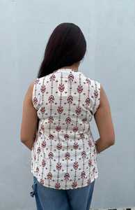 Blusa Corta sin Mangas con Estampado Floral Étnico para Mujer, Ajuste Holgado Informal, Viscosa y Rayón, para Uso Diario en Verano, Blanca y Marrón - Product Image 2