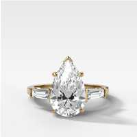 Bague de fiançailles en or massif 14 carats avec diamant de laboratoire poire 5 carats, pierres latérales baguette coniques, trois pierres flottantes, solitaire de mariage