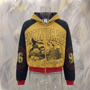 Snowgrace Men's <b>Hooded</b> Zip-Up Sweatshirt Raglan Sleeve French Terry Casual Winter <b>Jacket</b> Black Yellow <b>Red</b> Print Design - Product Image 4