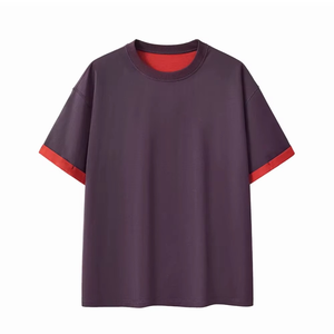 T-shirt décontracté 100 % coton écologique pour homme et femme, col double couche contrastant, personnalisable, plusieurs couleurs, collection assortie pour couple - Product Image 1