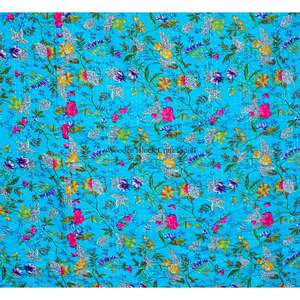 Couvre-lit élégant en coton bio bleu, imprimé floral indien au bloc, fait main, taille Queen, haute qualité. - Product Image 2