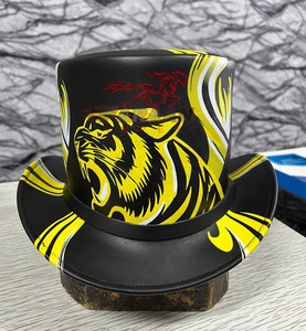 Chapeau de cowboy en cuir noir et jaune à imprimé tigre, style western, fait main, à large bord, pour hommes et femmes, vente en gros, OEM, marque privée - Product Image 4