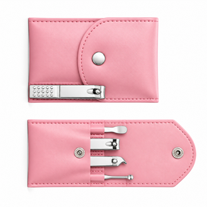 Kit de manucure en cuir rose 5 en 1, ensemble de manucure portable en acier inoxydable avec coupe-ongles et outils, style classique - Product Image 2