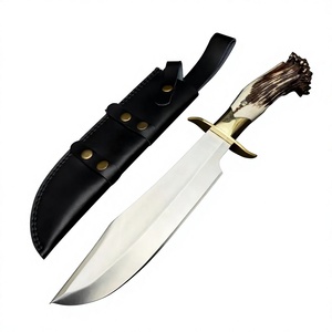 Couteau de chasse à pointe clip de qualité industrielle Timber Steel Enterprises, lame en acier inoxydable, manche en bois de cerf, étui en cuir noir, garantie 1 an - Product Image 1
