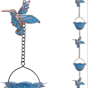 Cadena de Lluvia Artística Moderna con Patina Azul, Diseño de Colibrí y Loto, Cascada de Agua Decorativa para Jardín o Techo - Product Image 1