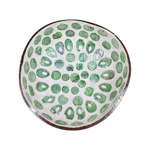 Mother of pearl coconut bowl featuring green oval shell <b>mosaic</b> perfect for unique home decor and stylish modern kitchenware use - Product Image 1
