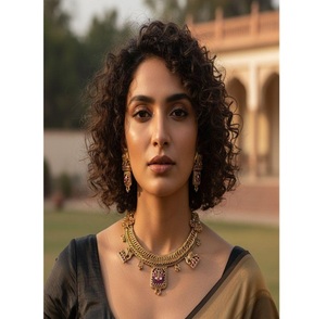 ชุดเครื่องประดับทองเหลืองชุบทองคุณภาพพรีเมียม ประดับด้วยเพชรคุณภาพสูง ดีไซน์แบบราชวัติ ประกอบด้วยสร้อยคอ ต่างหู และติกก้า เหมาะสำหรับเป็นของขวัญงานแต่งงานสำหรับผู้หญิง - Product Image 2