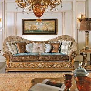 Juego de Sofás de Madera de Caoba Tallada en Color Marrón Dorado Clásico de Lujo para Hotel Emma, Muebles de Sala de Estar de Estilo Europeo con Relleno de Esponja - Product Image 2