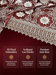 Tovaglia Vintage Bordeaux in Organza Trasparente con Ricamo Floreale 3D Computerizzato e Bordo in Pizzo per Matrimoni e Banchetti - Product Image 5