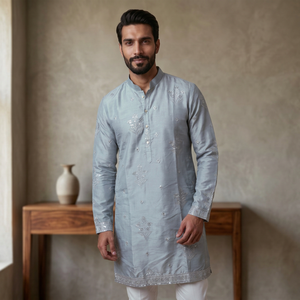 Ensemble Kurta Pajama brodé pour homme, coupe classique, style traditionnel indien pakistanais, pour un usage décontracté - Product Image 1