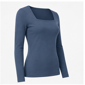 Womens Steel Blue Square Neck <b>Long</b> Sleeve Slim <b>Fit</b> <b>T</b> <b>Shirt</b> WTS-0096 - Product Image 3