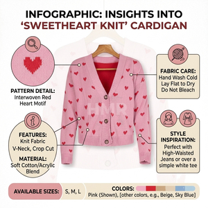 Cárdigan de Punto Acrílico con Estampado de Corazones Rosados de la Hermandad HMR, Manga Larga, Estilo Casual, Largo Regular - Product Image 6
