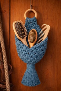 Blue Macrame <b>Basket</b> For Makeup Brush Holder Stylish Cutlery Holder <b>Basket</b> Multipurpose Organizer Handcrafted From India - Product Image 4