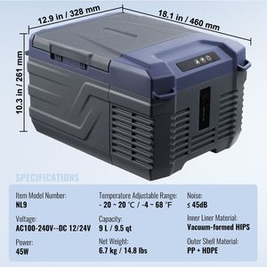 Frigorifero Portatile per Auto 12/24V DC, Congelatore Monozona 9L, Intervallo Regolabile da -4 a 68°F, Capacità 10 L - Product Image 3