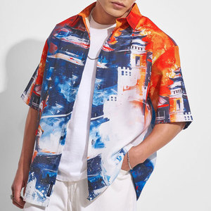 เสื้อเชิ้ตฮาวายแขนสั้นพิมพ์ลายสำหรับผู้ชาย ปกคอปกเสื้อพับได้ เหมาะสำหรับใส่ในช่วงวันหยุดฤดูร้อน ผ้าป๊อปลินระบายอากาศได้ดี เสื้อเชิ้ตชายหาดฮาวาย - Product Image 1