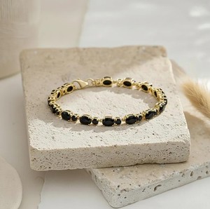 Oval Cut Black Onyx Stone <b>Charm</b> Bracelet in 925 Sterling Silver Gold Plated Luxury Handmade Elegant Jewelry Gift Women - Product Image 3