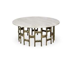 Mesa de centro de latón fundido con acabado travertino, mesa de centro geométrica moderna, mueble de diseño para sala de estar, mesa auxiliar contemporánea con detalles en latón - Product Image 1