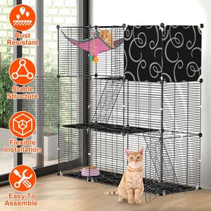 3-Tier DIY Iron Wire Cat Cage Indoor Playpen with <b>Hammock</b> Toy Ball Ladder Cat House Kennel for 1-2 Cats - Product Image 3