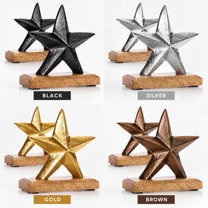 Juego de 2 esculturas de estrellas plateadas, decoración de metal hecha a mano sobre base de madera, adorno geométrico moderno para mesa de salón, Navidad - Product Image 3