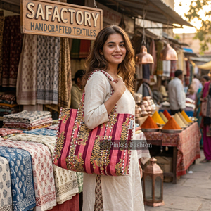 กระเป๋าผ้าฝ้ายพิมพ์ลายเสือแบบควิลท์ทำมือจากเมืองชัยปุระ ขายส่ง เป็นมิตรกับสิ่งแวดล้อม ขนาดใหญ่ ใช้ซ้ำได้ เหมาะสำหรับสะพายไหล่หรือใส่ของช้อปปิ้ง - Product Image 2