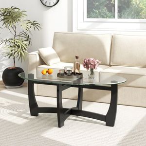 Tavolino da Caffè Ovale con Piano in Vetro Temperato e Gambe in Legno di Gomma - Product Image 3