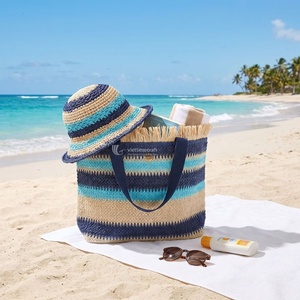 Conjunto de Bolso de Playa y Sombrero de Sol de Paja Tejida a Rayas, Bolso de Hombro de Verano con Borde de Flecos de Rafia para Vacaciones y Viajes, Venta al por Mayor - Product Image 5