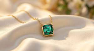Collier Solitaire Minimaliste Délicat pour Femme avec Mini Diamant Carré Fantaisie Certifié et Émeraude de Laboratoire Taillée – Fabrication - Product Image 1
