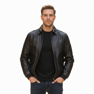 Blouson aviateur en cuir de chèvre noir vintage pour homme, coupe ajustée, design moderne et élégant, veste en cuir tendance. - Product Image 1