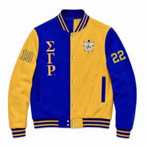Chaqueta universitaria personalizada de la hermandad Sigma Gamma Rho, azul y dorada, con cremallera frontal completa, cuello con ribete, logotipo bordado, de algodón. - Product Image 1
