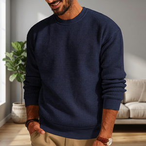 Pull à col rond en tricot gaufré 100% coton bleu marine pour homme, manches longues, couleur unie, vêtement d'hiver, coupe classique, sweat-shirt - Product Image 3