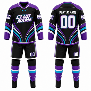 Conjunto de camiseta de hockey personalizada, negro, morado, azul, estampado por sublimación, kit completo, nombre del jugador, número 00, uniforme deportivo para todas las estaciones - Product Image 1