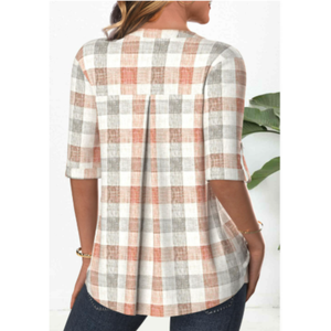 เสื้อเชิ้ตผู้หญิงลำลอง แขนกิโมโนแบบพับได้ ลายสก็อต ฤดูใบไม้ผลิ/ฤดูใบไม้ร่วง คอจีน ติดกระดุม ผลิตจากวัสดุรักษ์โลก ระบายอากาศได้ดี - Product Image 2