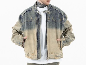 Streetwear Custom Retro Gradient Fade <b>Covered</b> <b>Button</b> Breathable Eco-Friendly Patchwork Linen Cotton Denim Oversized Color Jacket - Product Image 1