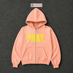 เสื้อฮู้ดพิมพ์ลายกราฟิก Peach Oversized Pray สีเหลือง พิมพ์ตัวอักษร สไตล์สตรีทแวร์ เสื้อพูลโอเวอร์แบบสวมหัว ยูนิเซ็กส์ แฟชั่นลำลอง เสื้อฮู้ดสำหรับผู้ชาย - Product Image 5