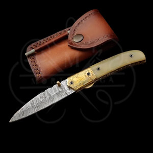 Custom Handmade Damascus Steel Pocket <b>Knife</b> <b>Handle</b> Cow <b>Bone</b> Brass Bolster With Leather Sheath Compact Folding <b>knife</b> - Product Image 1