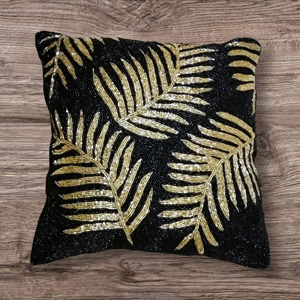 Monstera Leaf Beaded <b>Pillow</b> Cover White Gold Tropical <b>Decor</b> Handmade Embellished Cushion - Product Image 5